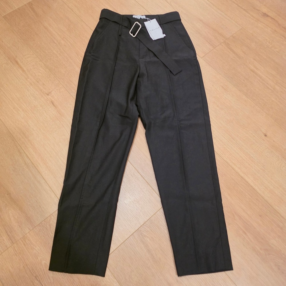 Salisa Black High Waisted Belted Tailored Straight Leg Trousers Pants Small NWT